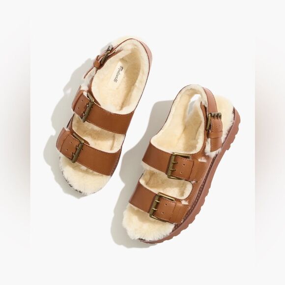 NWOB Madewell The Shearling-Lined Madelyn Sandal Golden Pecan 9 Leather NA977 - Picture 2 of 13